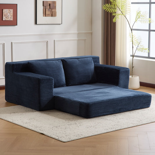 Loveseat Sofa, Comfortable Deep Seat Sofa Bed, Modern Small Corduroy Couch For Living Room Bedroom,Reversible Cushion With Pillows,No Assembly Required, Dark-blue