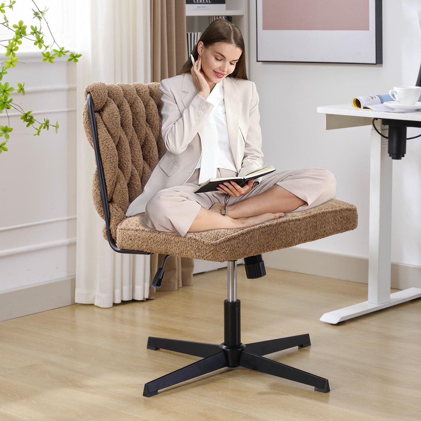 Armless Office Chair no Wheels, Ergonomic Wide Seat Swivel Desk Chair, Height Adjustable Cross Legged Comfortable Computer Chair for Living Room, Van