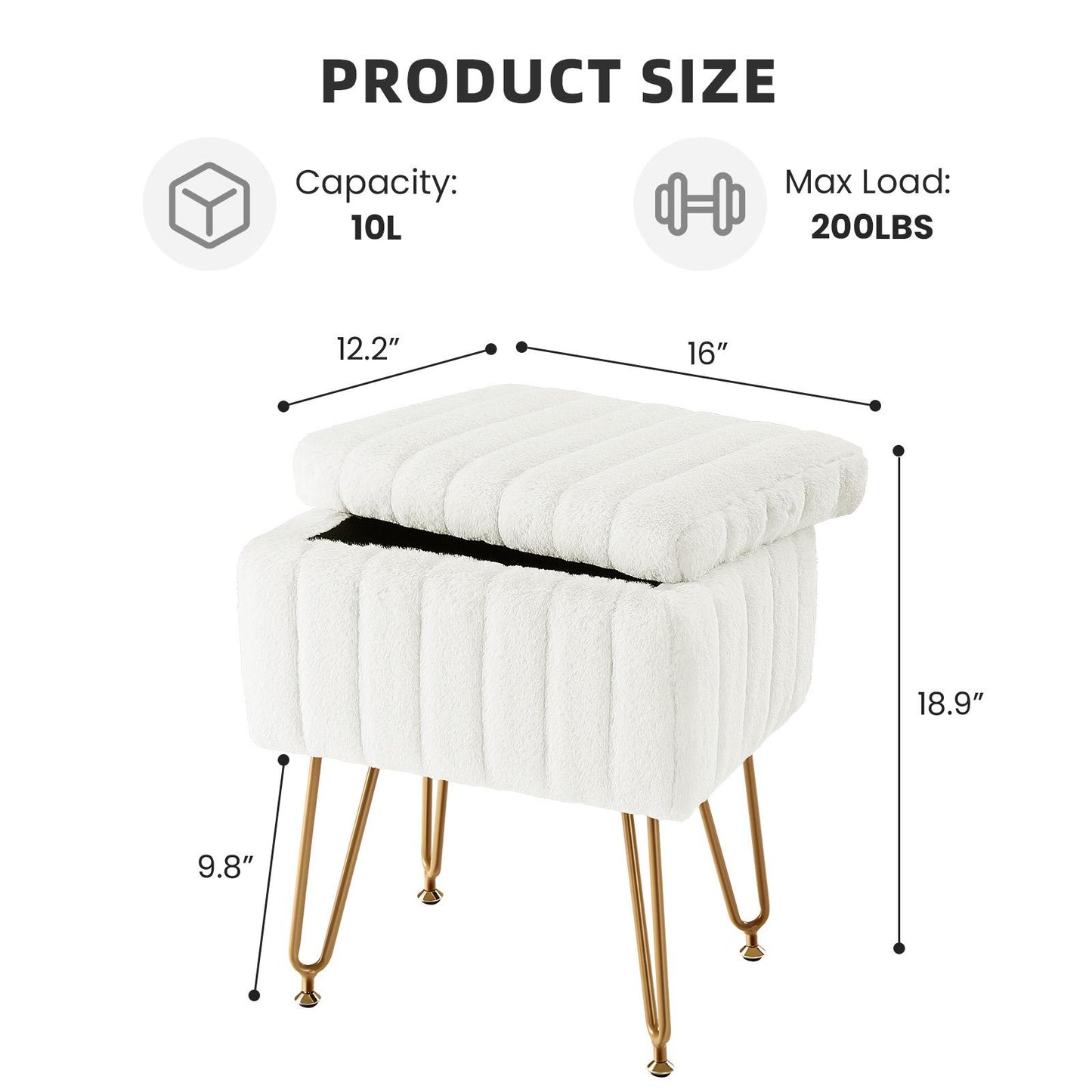 Vanity Stool Chair with Storage, Ottoman Faux Fur Soft Padded Makeup Footstools Seat with 4 Metal Legs Anti-Slip Adjustable Feet Modern