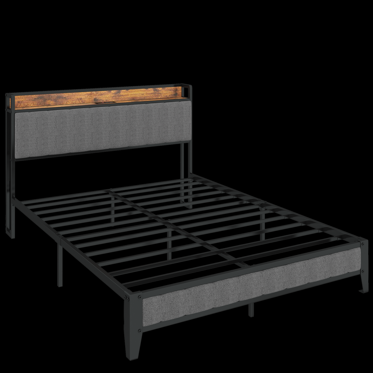 Full-Size，Full metal bed frame with charging headboard.