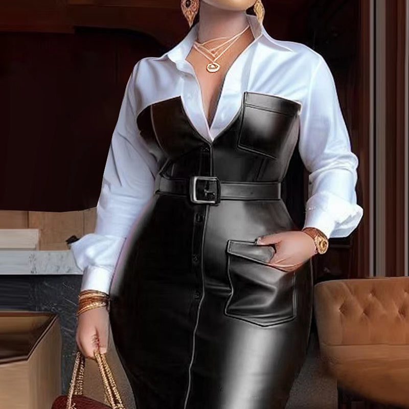 Women's Fashion V-Neck Long Sleeve Shirt Leather Trim Dress Belted Pocket Detail Bodycon Midi Dress