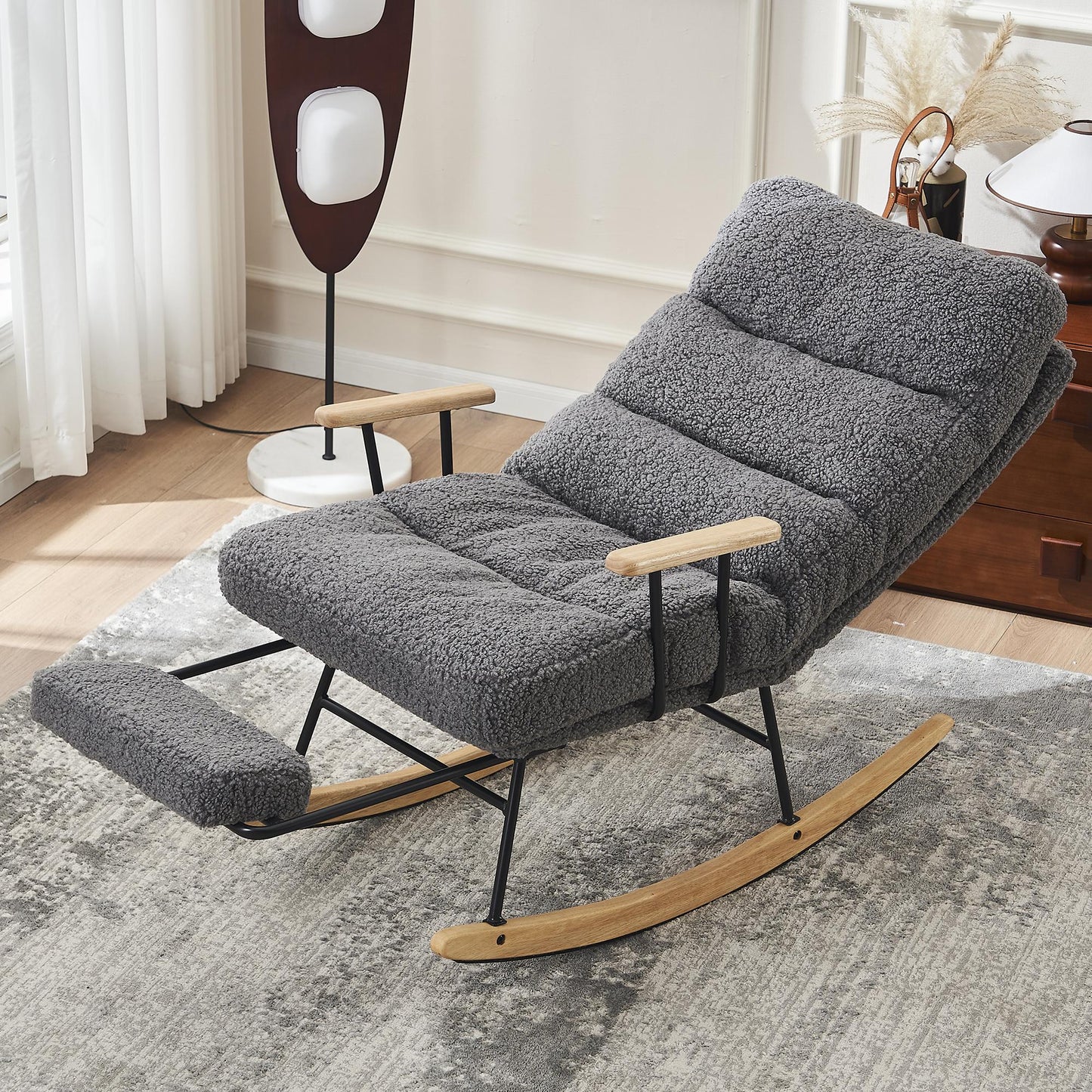 Modern Teddy Gliding Rocking Chair with High Back, Retractable Footrest, and Adjustable Back Angle for Nursery, Living Room, and Bedroom