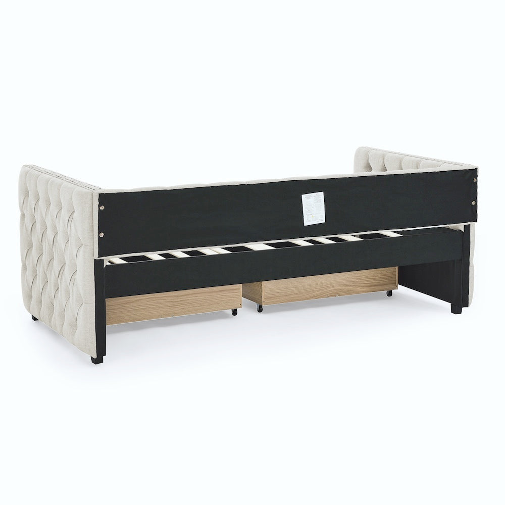 Upholstered Twin Size Daybed With Two Drawers, With Button And Copper Nail On Square Arms, Beige