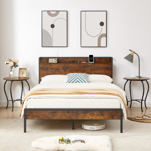 Bed Frame With Charging Station Full Size, Rustic Brown