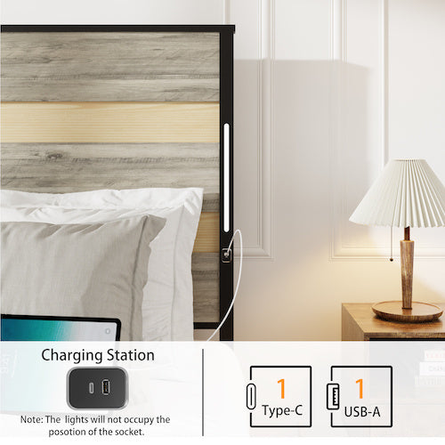 Queen Size Bed Frame With Headboard And 4 Storage Drawers , Queen Bed Frame With Charging Station And LED Lights, Wood Slats, Easy Assembly,No Box Spring Needed,Industrial Gray