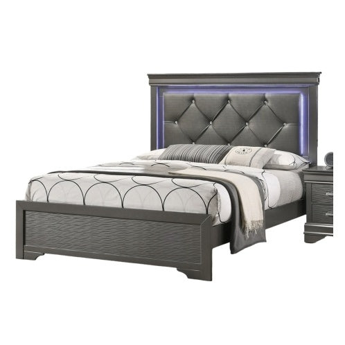 Dark Gray Faux Leather Tufted Headboard 1pc Queen Size Bed W LED Bedroom Furniture Gray Unique Texture FB Solid Wood