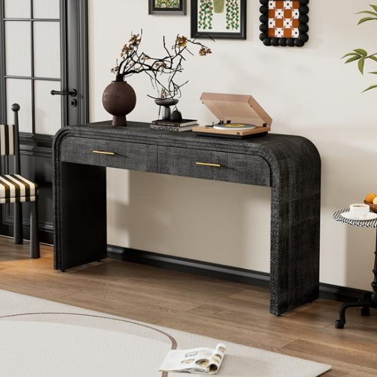 Unique Vintage Silhouette Console Table With An Open Design With Two Drawers At The Top For Entrance, Dining Room, Living Room - Antique Black