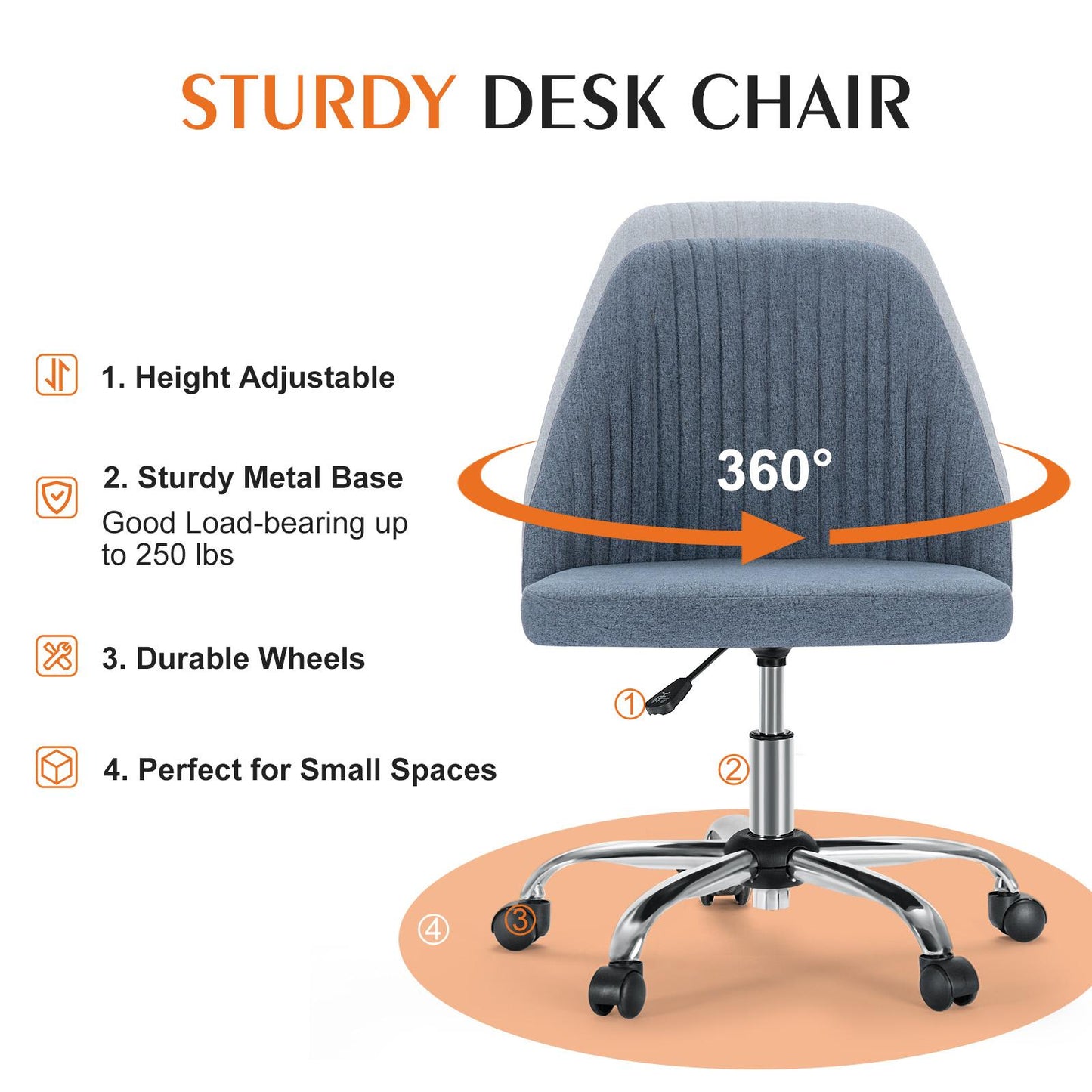 Home Office Desk Chair - Adjustable Rolling Chair, Armless Cute Modern Task Chair for