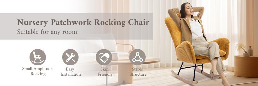 35.5 inch Rocking Chair with Pocket, Soft Teddy Fabric Rocking Chair for Nursery, Comfy Wingback Glider Rocker with Safe Solid Wood Base for Living Ro