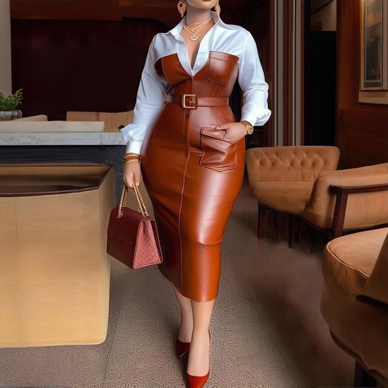 Women's Fashion V-Neck Long Sleeve Shirt Leather Trim Dress Belted Pocket Detail Bodycon Midi Dress