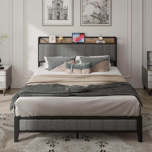 Queen-Size，Full metal bed frame with charging port at the head of the bed.