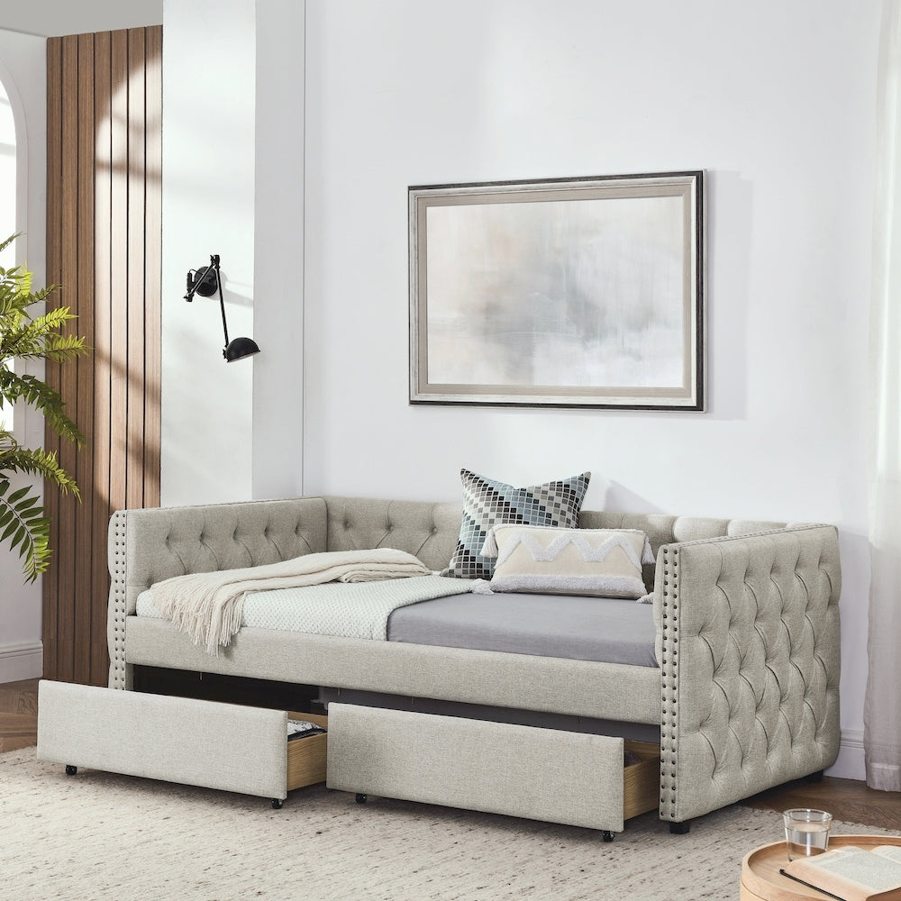Upholstered Twin Size Daybed With Two Drawers, With Button And Copper Nail On Square Arms, Beige