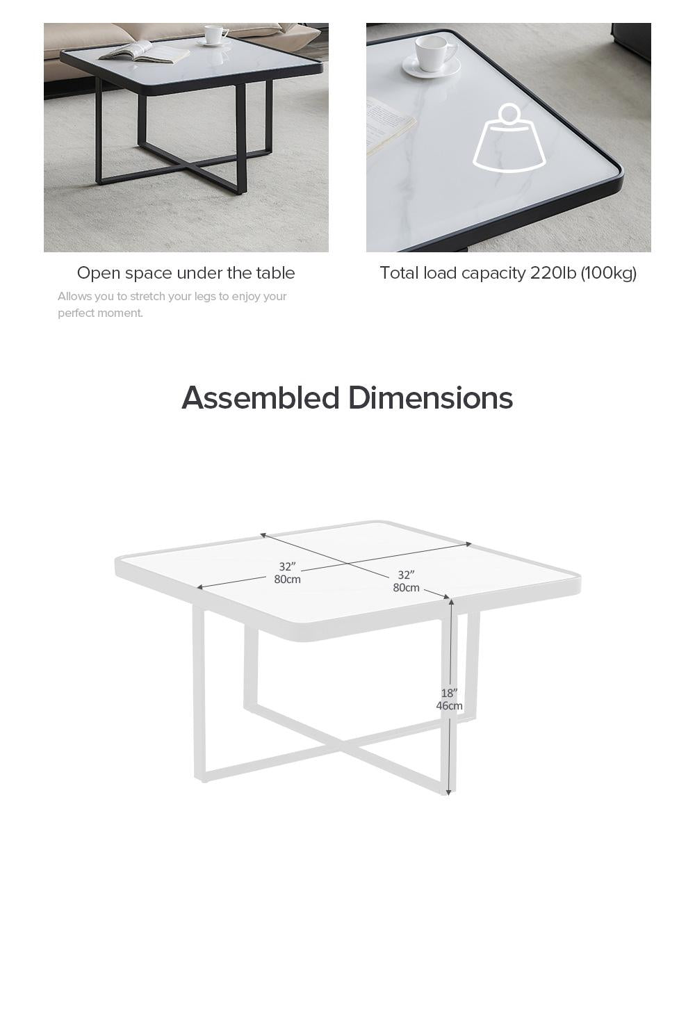 Minimalism Square coffee table，Black metal frame with sintered stone tabletop