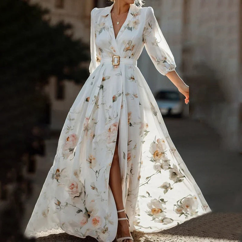 Women's Elegant V-Neck Floral Print Flare Sleeve Maxi Dress High Slit Hem Formal Evening Spring Fall Wedding Party Guest Dress