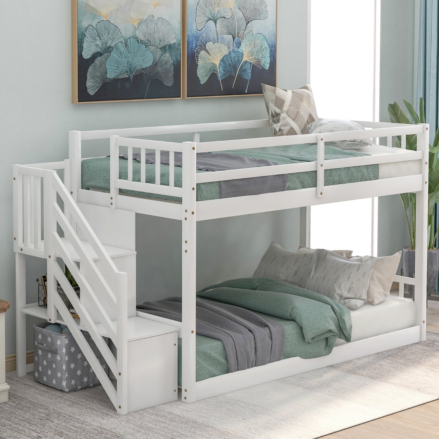 Twin Over Twin Floor Bunk Bed, Ladder With Storage, White
