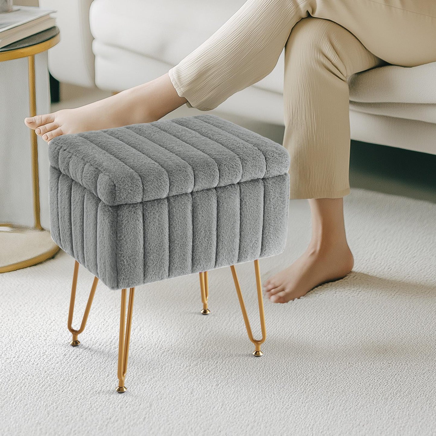 Vanity Stool Chair with Storage, Ottoman Faux Fur Soft Padded Makeup Footstools Seat with 4 Metal Legs Anti-Slip Adjustable Feet Modern