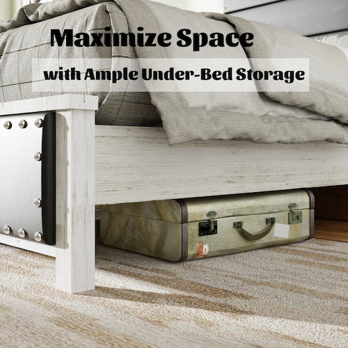 Queen Size Bed Frame With Upholstered Headboard, Queen Bed Frame With Charging Station And LED Lights, Wood Slats, Dark Gray Faux Leather & Rivets, No Box Spring Needed, Easy Assembly