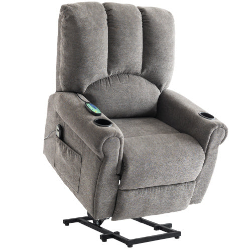 Electric Lift Grey Senior Chair - Single Motor, Heated Massage, Stand Assist, Storage Pockets, Cup Holders