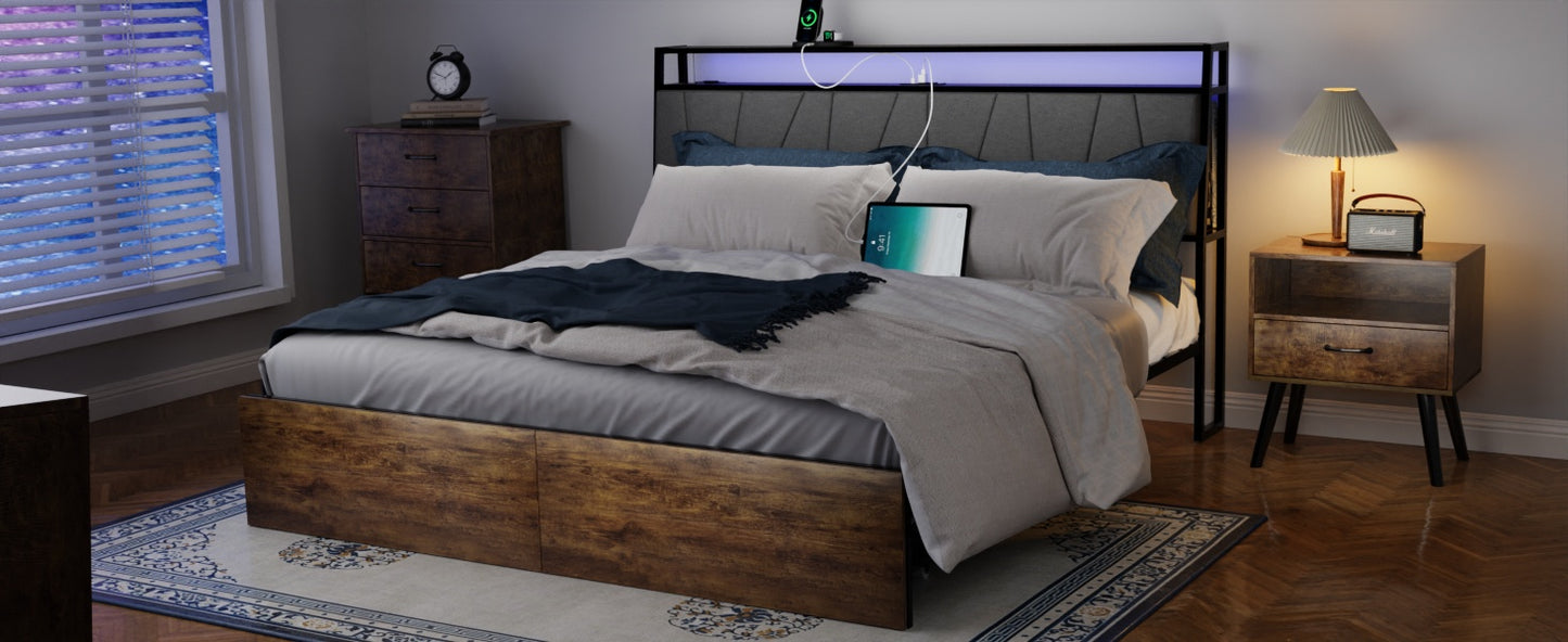 Full Bed Frame With Storage, Ergonomic Headboard, Bed Frame With 2 Storage Drawers, Built In Charging Station & LED, Outlets & USB, Full Size, Noise Free, No Box Spring Needed, Rustic Brown