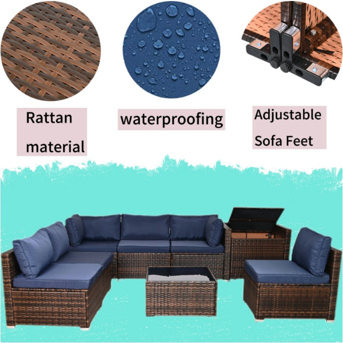 8 Pieces Outdoor Patio Furniture Set With Storage, Outdoor Wicker Rattan Patio Furniture Sectional Set With Glass Table And Hidden Storage Box