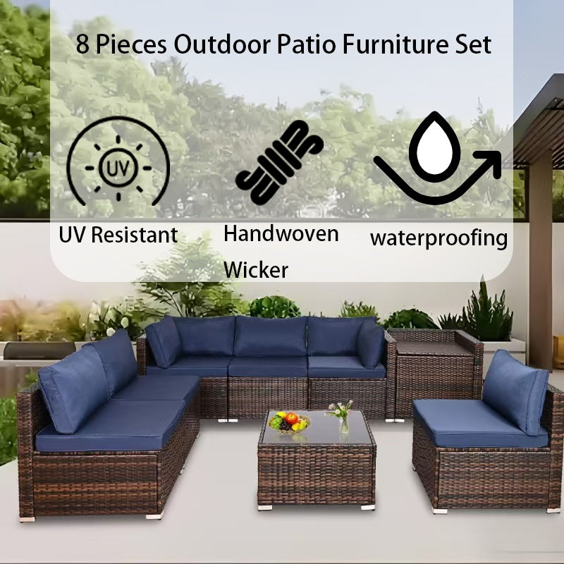 8 Pieces Outdoor Patio Furniture Set With Storage, Outdoor Wicker Rattan Patio Furniture Sectional Set With Glass Table And Hidden Storage Box