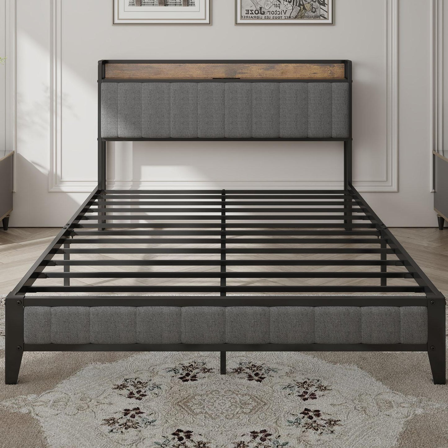 Full-Size，Full metal bed frame with charging headboard.