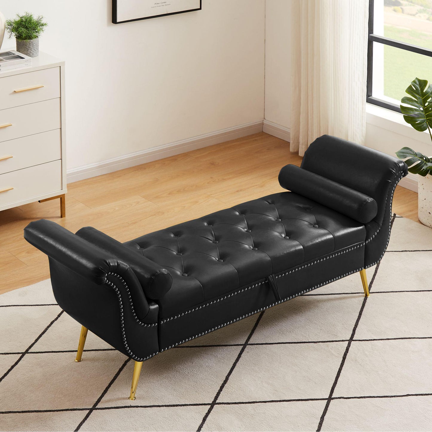 Sitting Bench PU Leather with Storage Space and 2 Pillows Hardware Feet