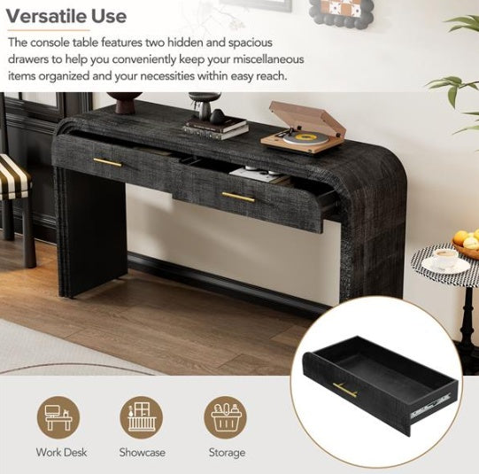 Unique Vintage Silhouette Console Table With An Open Design With Two Drawers At The Top For Entrance, Dining Room, Living Room - Antique Black