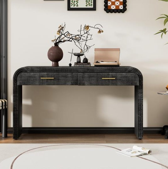 Unique Vintage Silhouette Console Table With An Open Design With Two Drawers At The Top For Entrance, Dining Room, Living Room - Antique Black