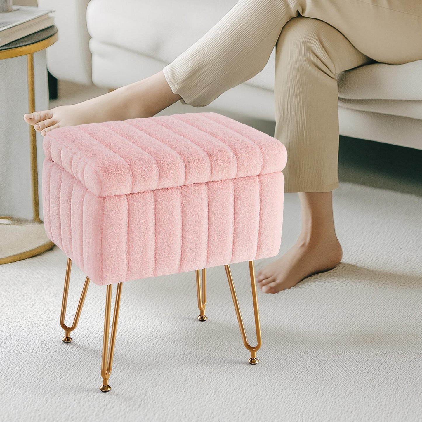 Vanity Stool Chair with Storage, Ottoman Faux Fur Soft Padded Makeup Footstools Seat with 4 Metal Legs Anti-Slip Adjustable Feet Modern