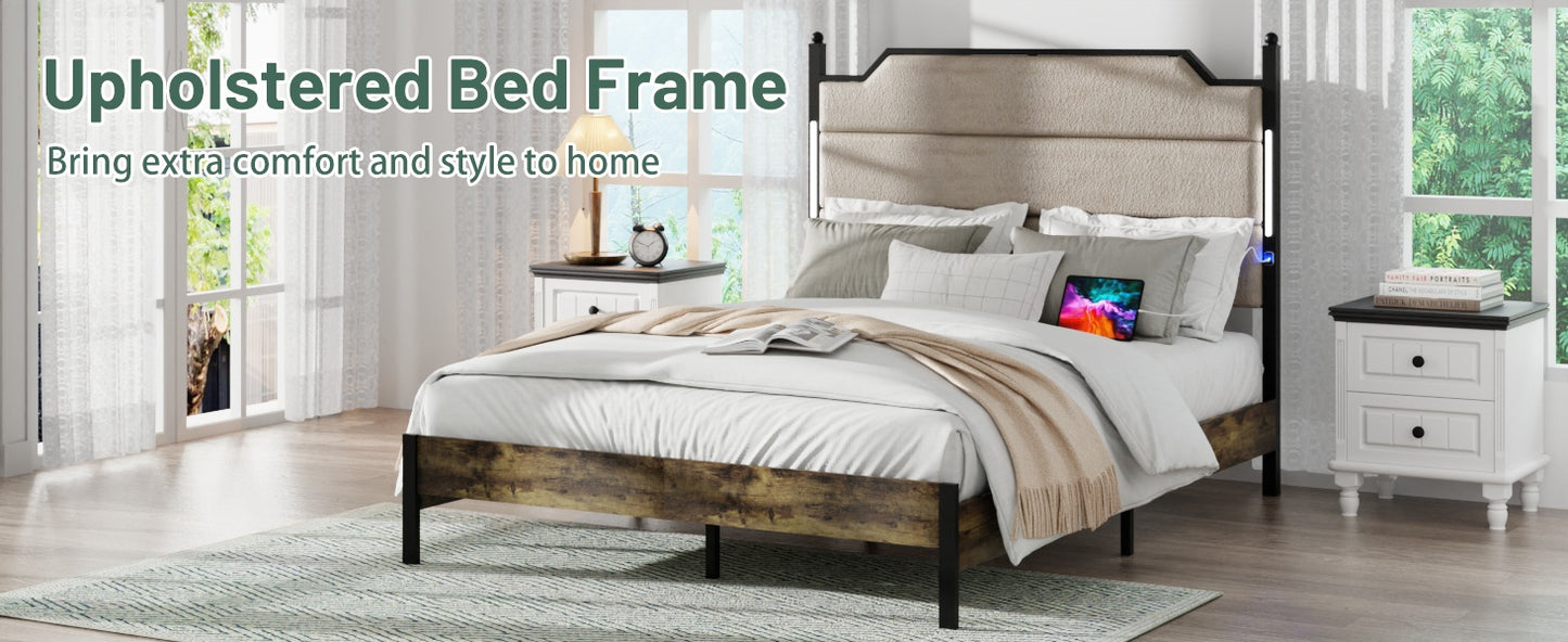 Queen Size Bed Frame With Upholstered Headboard , Queen Bed Frame With Charging Station And LED Lights, Wood Slats, Easy Assembly,No Box Spring Needed,Industrial Brown