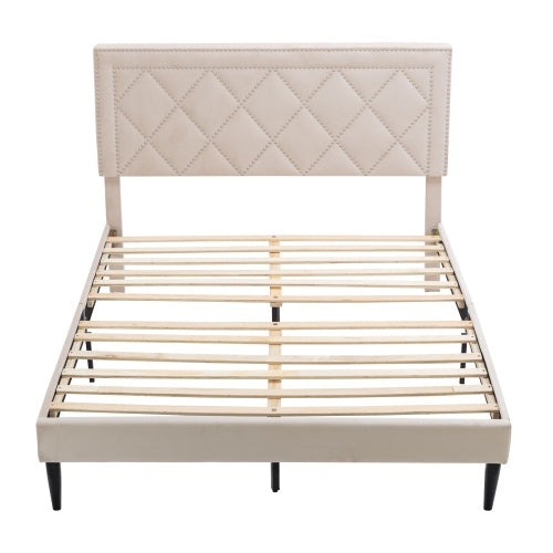 Modern Curved Upholstered Bed, Nailhead Trim Queen