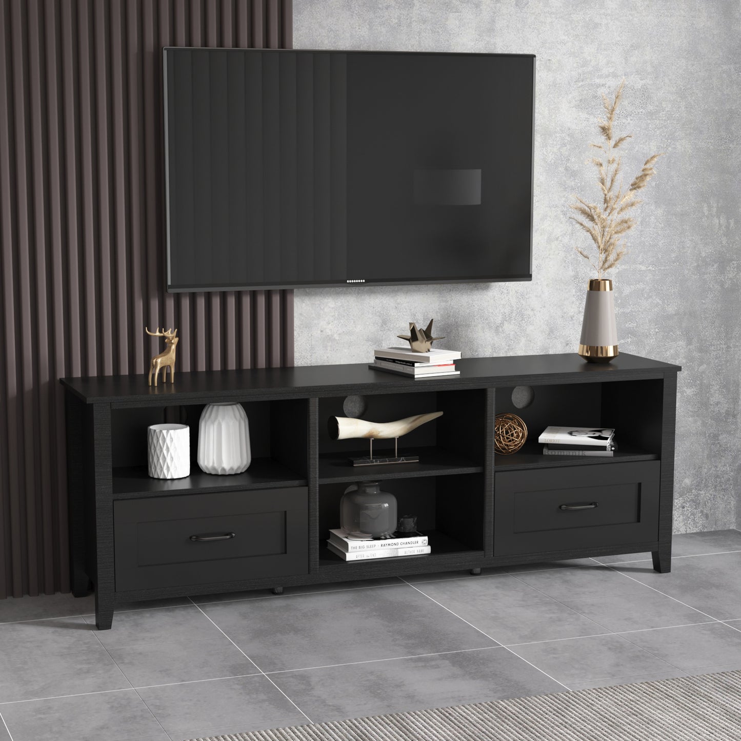 70.08Inch Length Furniture Black TV Stand for Living Room and Bedroom with 2 Drawers and 4 High Capacity Storage Compartment