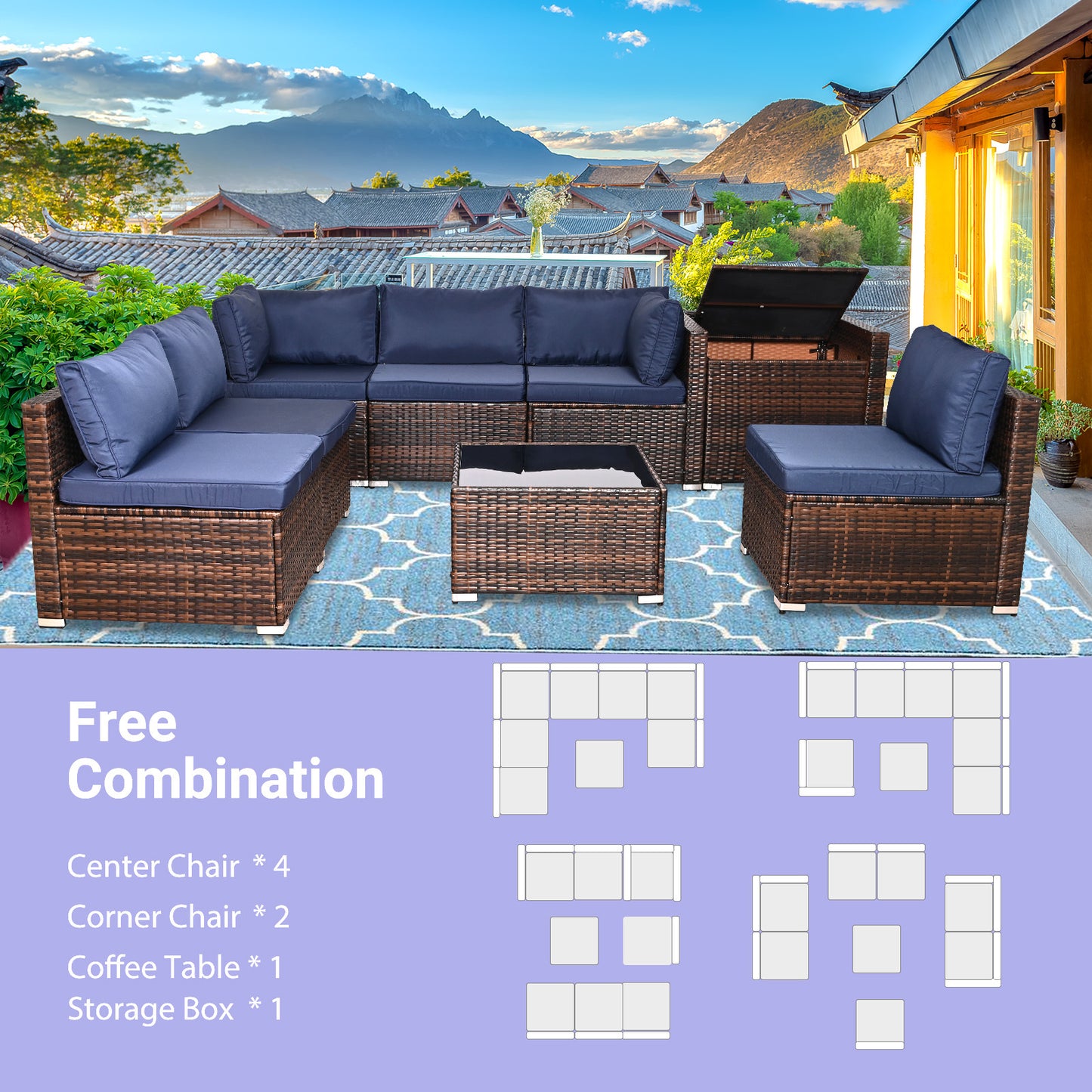 8 Pieces Outdoor Patio Furniture Set With Storage, Outdoor Wicker Rattan Patio Furniture Sectional Set With Glass Table And Hidden Storage Box