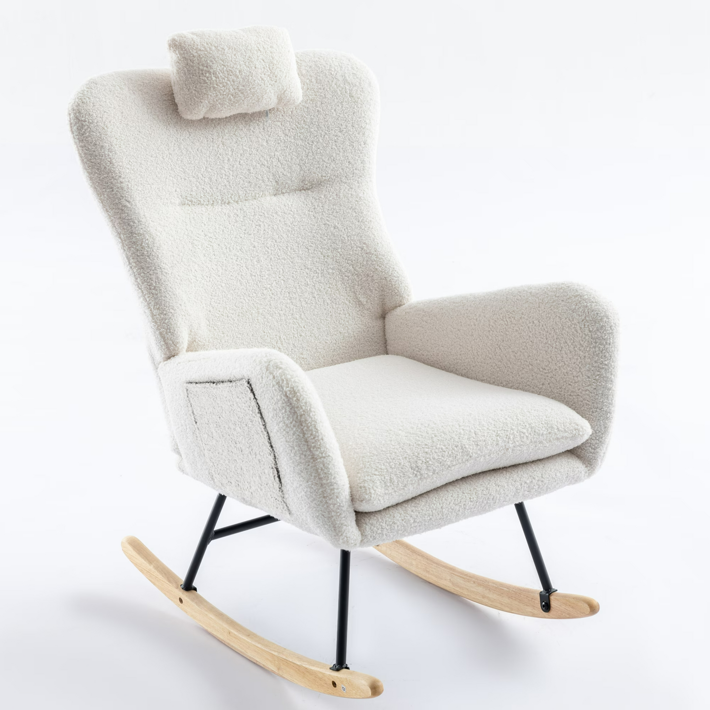 35.5 inch Rocking Chair with Pocket, Soft Teddy Fabric Rocking Chair for Nursery, Comfy Wingback Glider Rocker with Safe Solid Wood Base for Living Ro