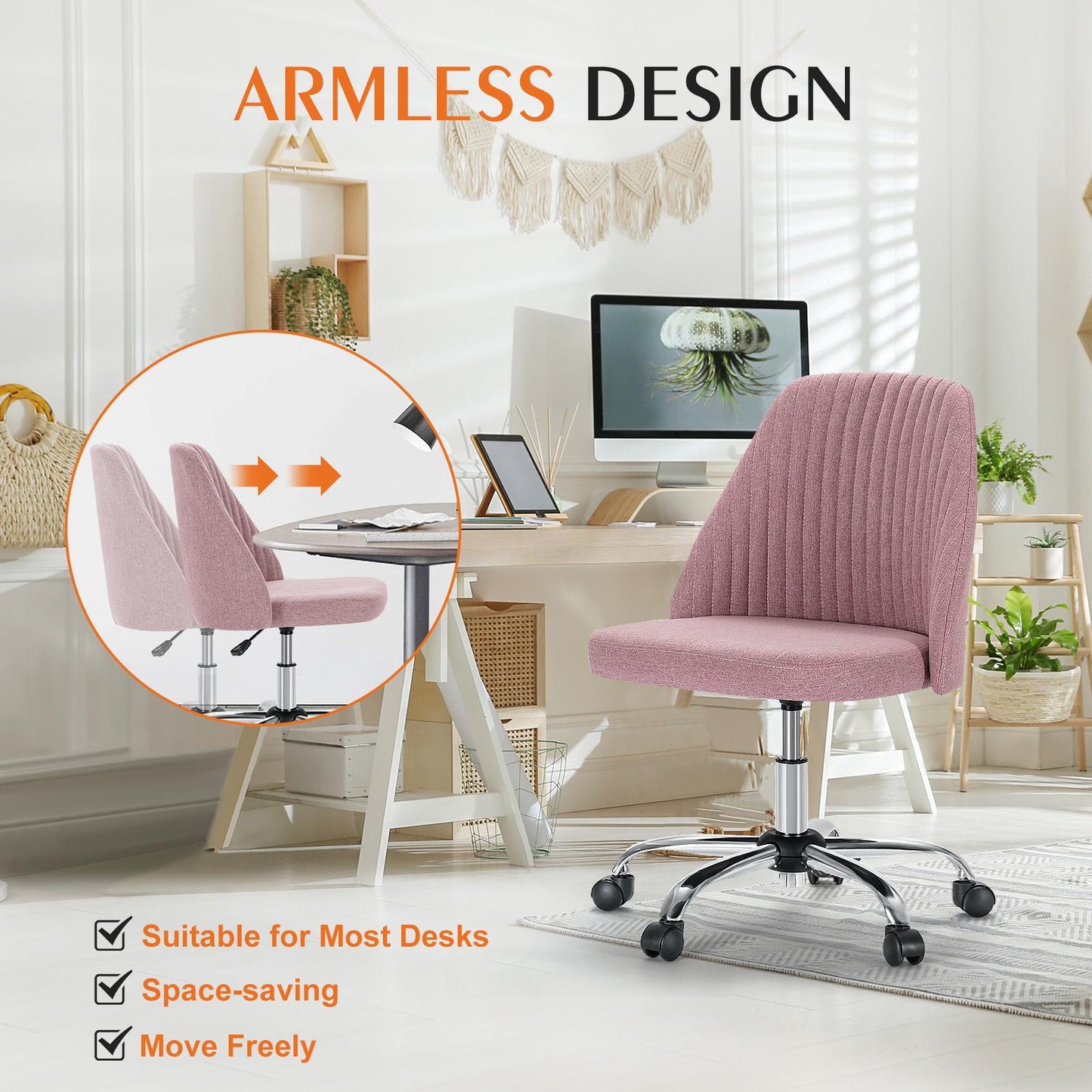 Home Office Desk Chair - Adjustable Rolling Chair, Armless Cute Modern Task Chair for