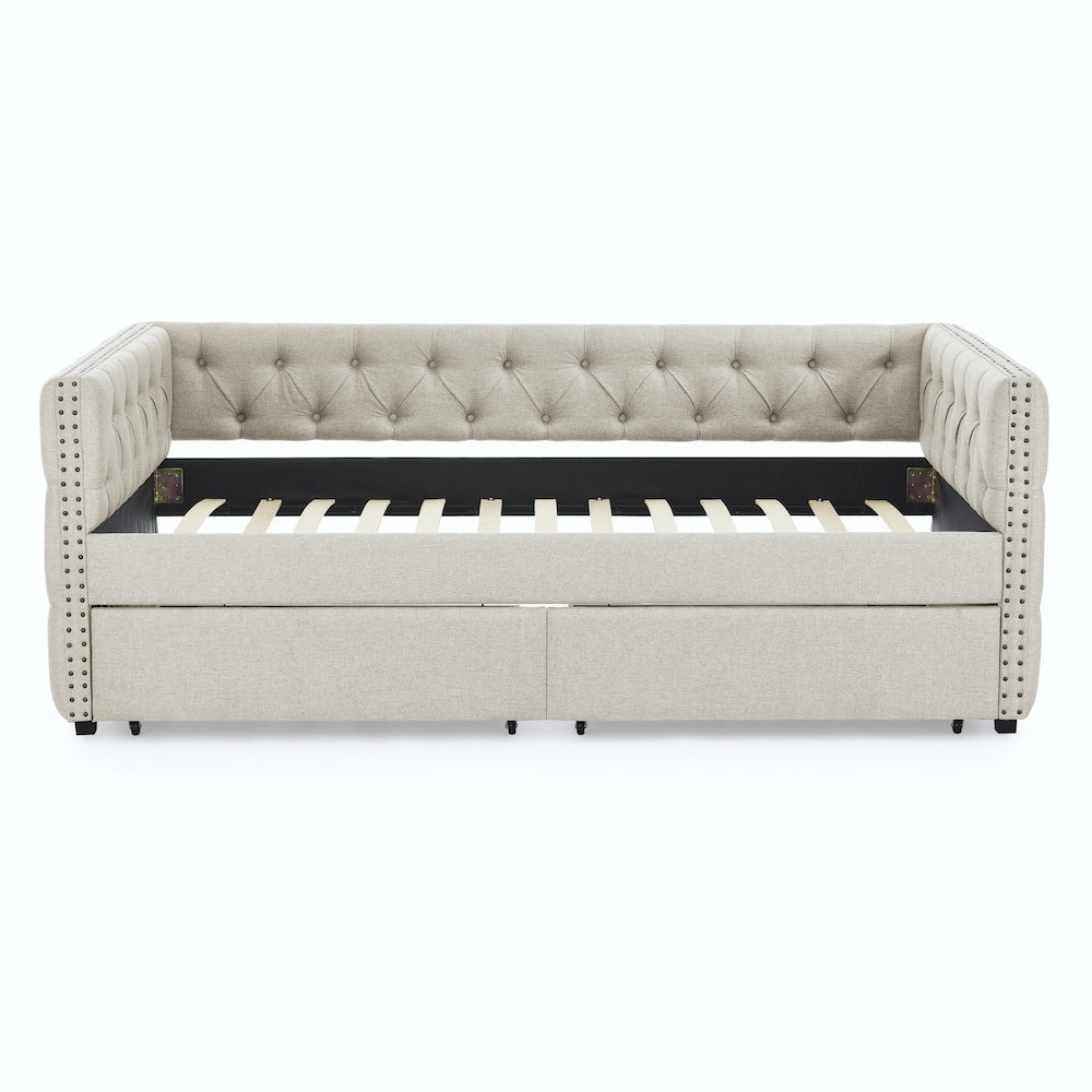 Upholstered Twin Size Daybed With Two Drawers, With Button And Copper Nail On Square Arms, Beige