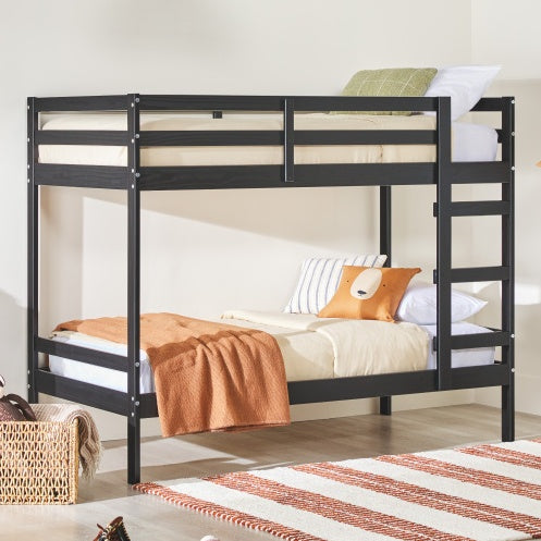 Modern Simple Solid Wood Twin Over Twin Bunk Bed, Black