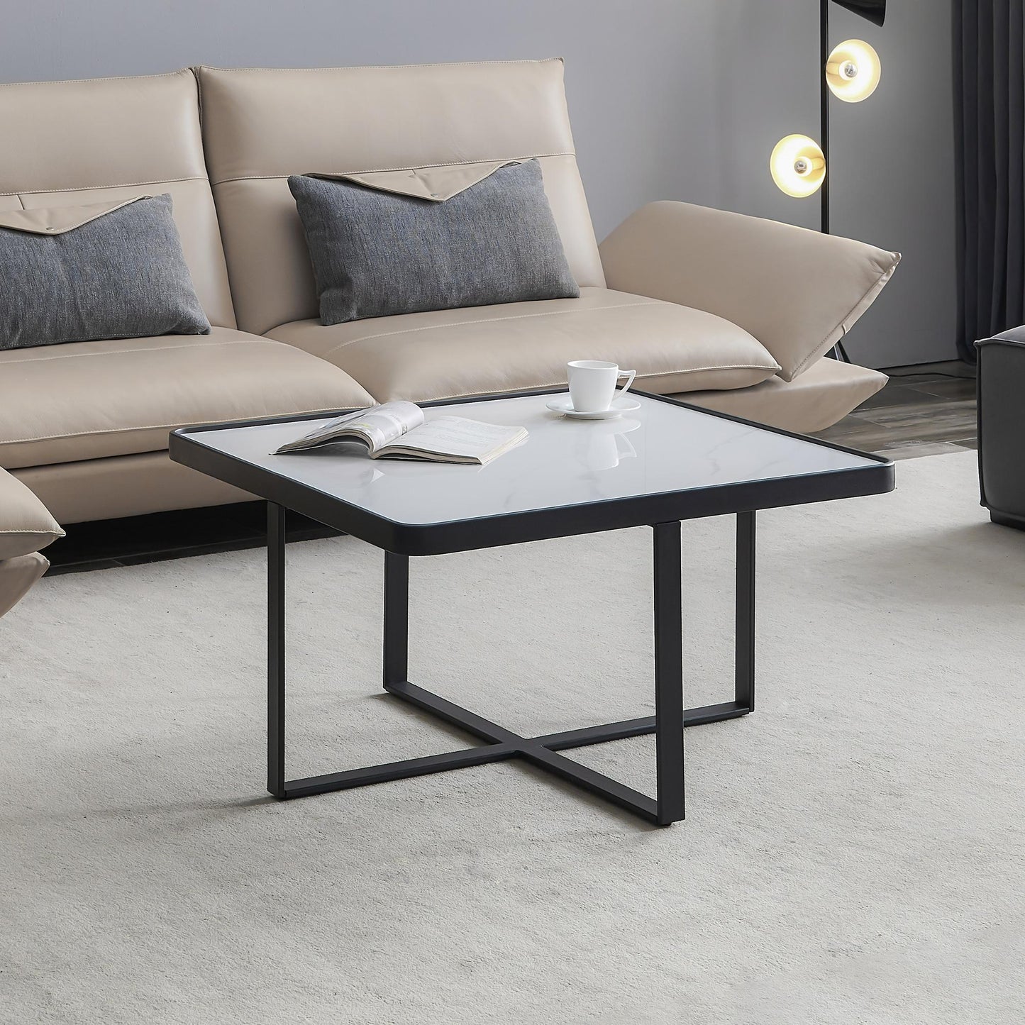 Minimalism Square coffee table，Black metal frame with sintered stone tabletop