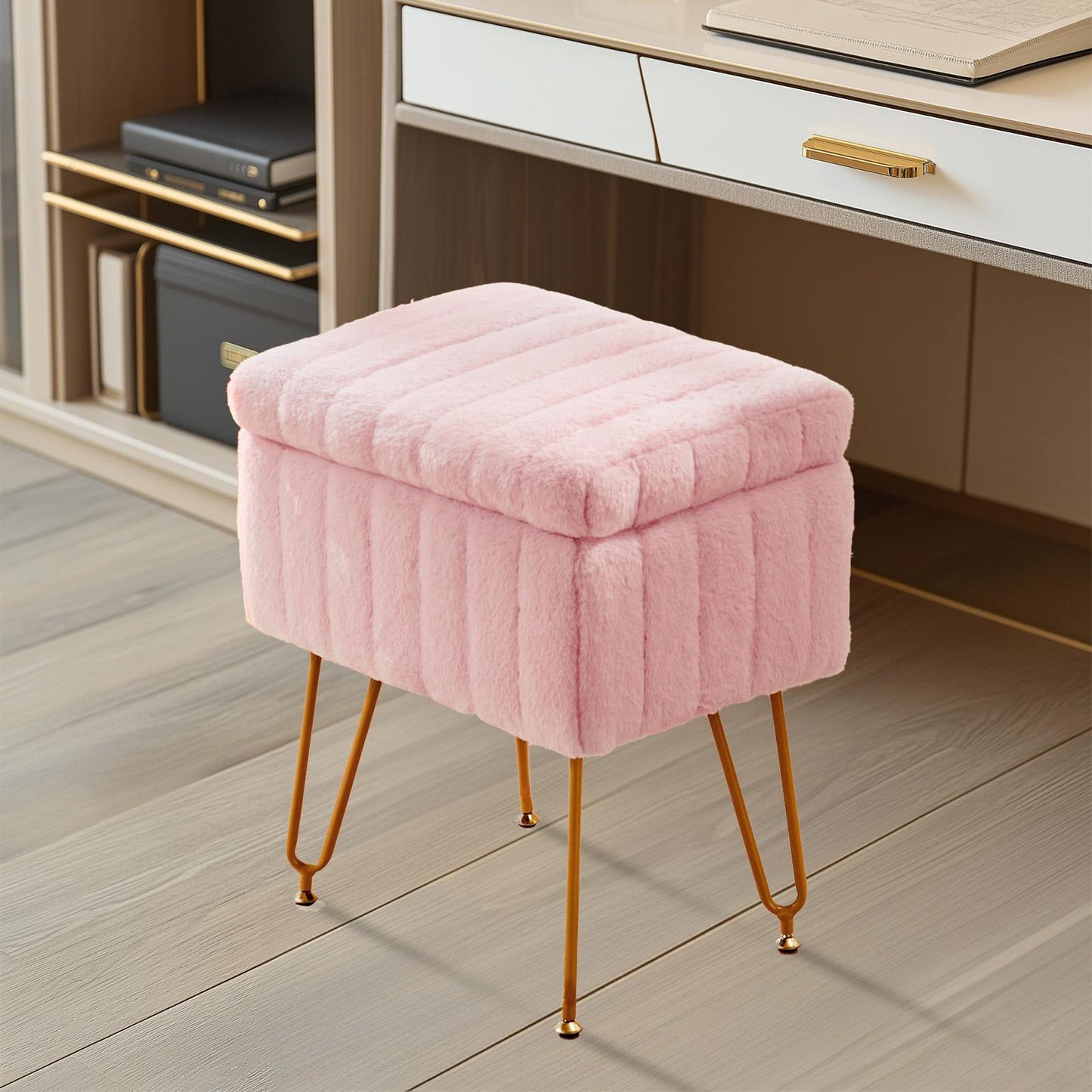 Vanity Stool Chair with Storage, Ottoman Faux Fur Soft Padded Makeup Footstools Seat with 4 Metal Legs Anti-Slip Adjustable Feet Modern