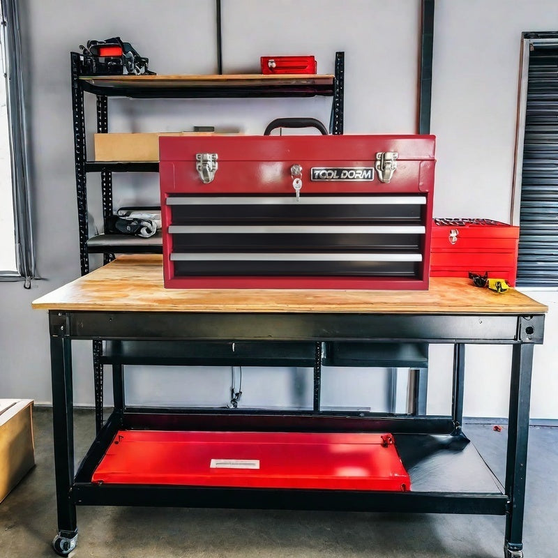 20.3inch Metal Tool Box With 2-4 Drawers Portable Steel Tool Chest With Metal Cylinder Lock And Latch Closure, Black And Red Two Color Powder Coating, Suitable For Garage, Warehouse