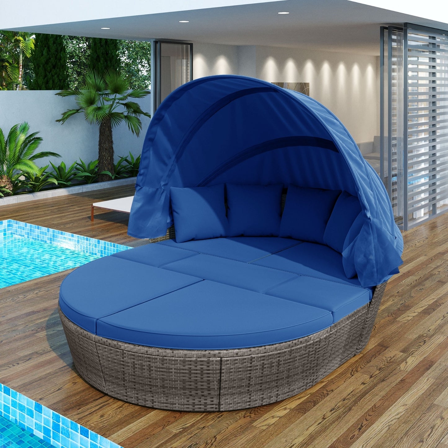 GO Outdoor Rattan Daybed Sunbed With Retractable Canopy Wicker Furniture, Round Outdoor Sectional So