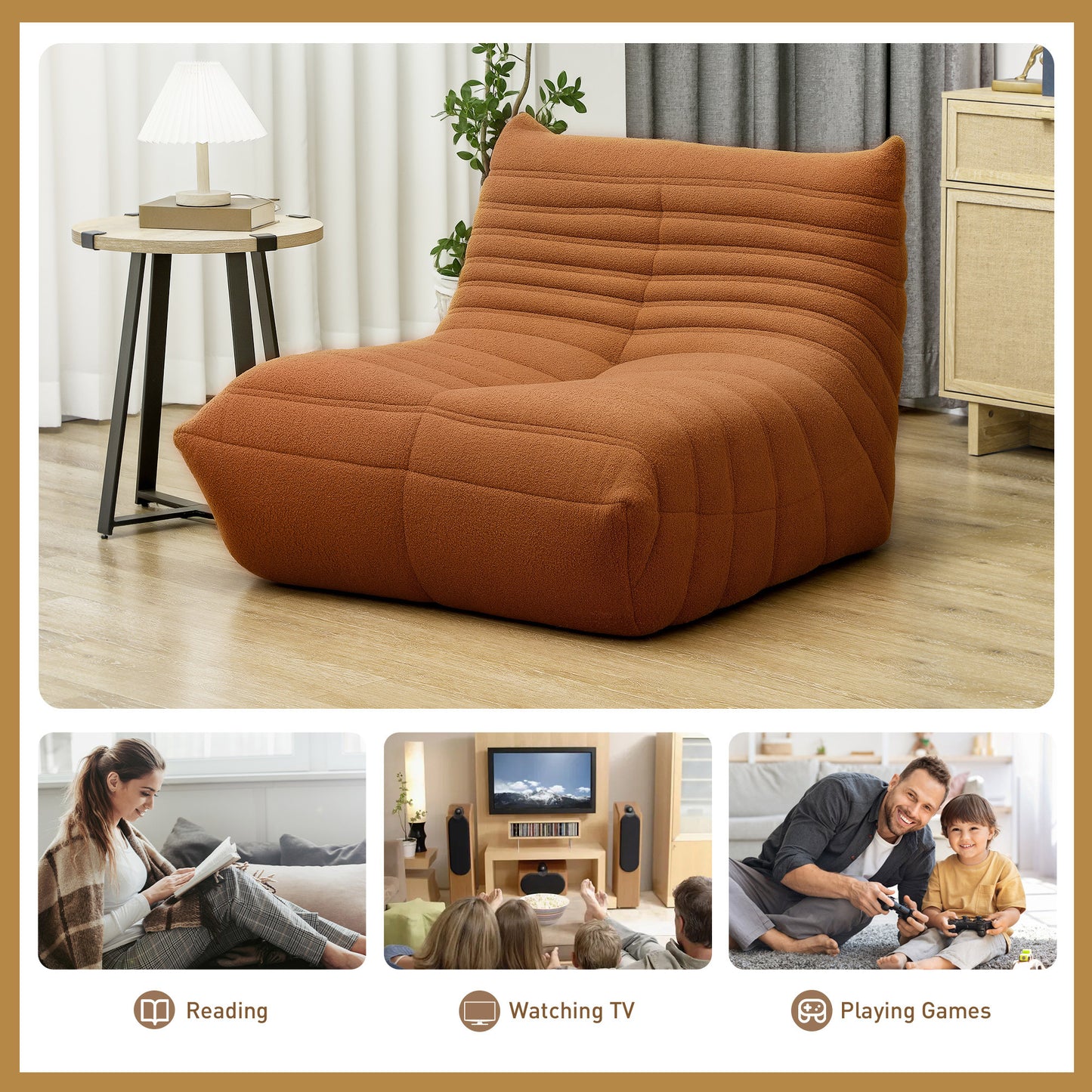 Bean Bag Chair For Adults, Giant Fireside Chair, Bean Bag Sofa With High Density Foam For Living Room, Brown
