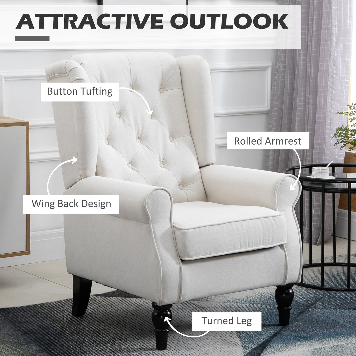 Cream White High Back Accent Chair With Wooden Legs, Removable Cushion For Living Room, Club, Bedroom