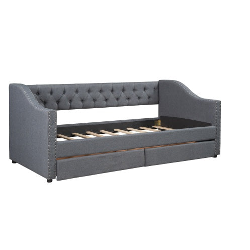 Upholstered Twin Size Daybed With Two Drawers, Wood Slat Support, Gray