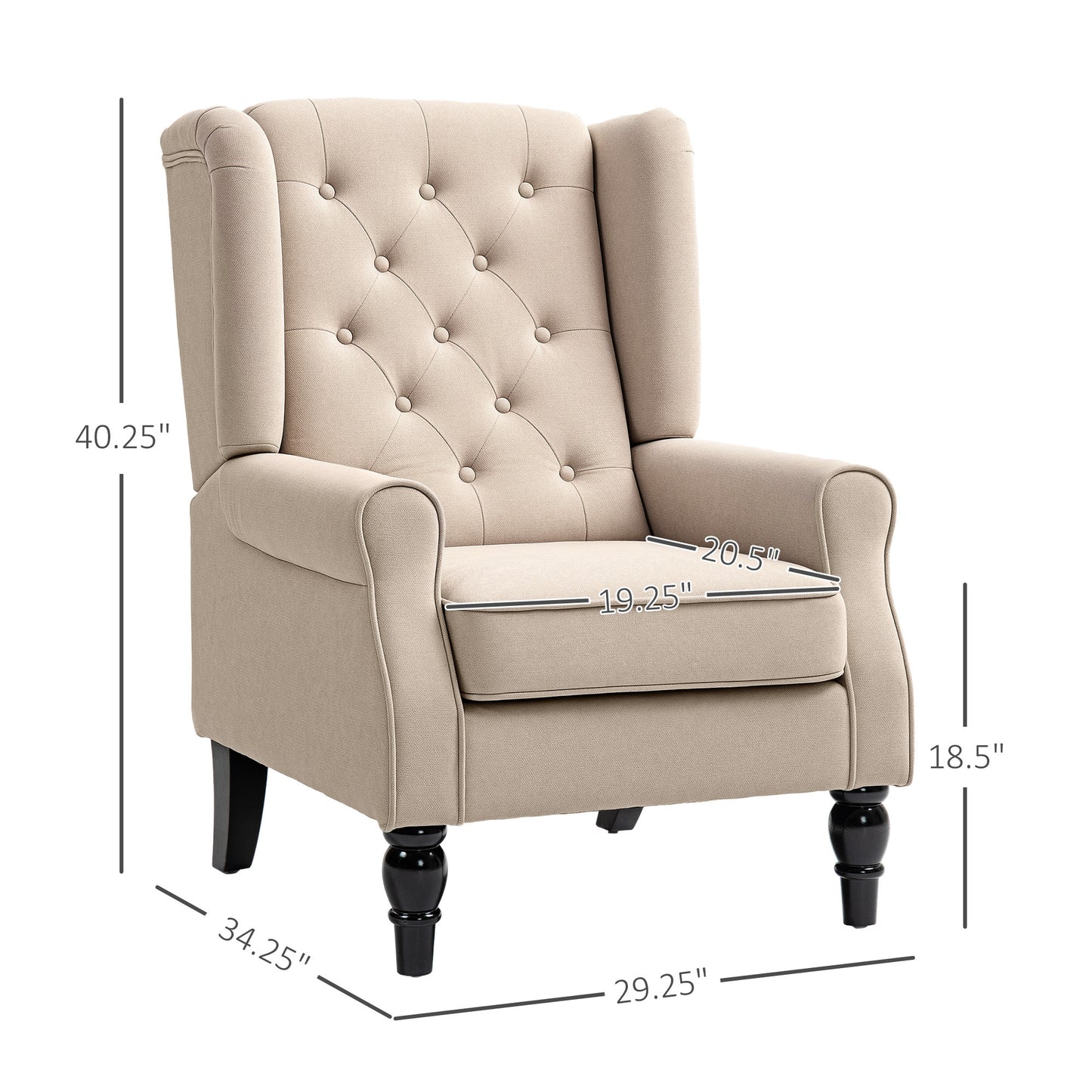 Wingback Accent Chair For Living Room, Button-Tufted Lounge Chair With Round Armrests And Wood Legs, Beige