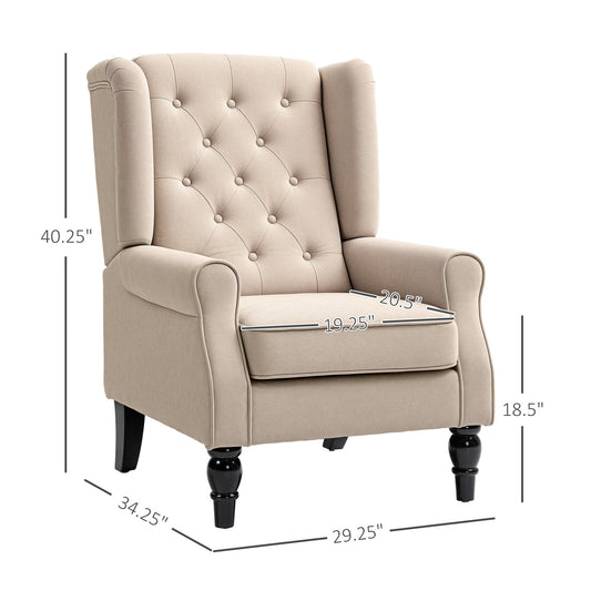 Wingback Accent Chair For Living Room, Button-Tufted Lounge Chair With Round Armrests And Wood Legs, Beige