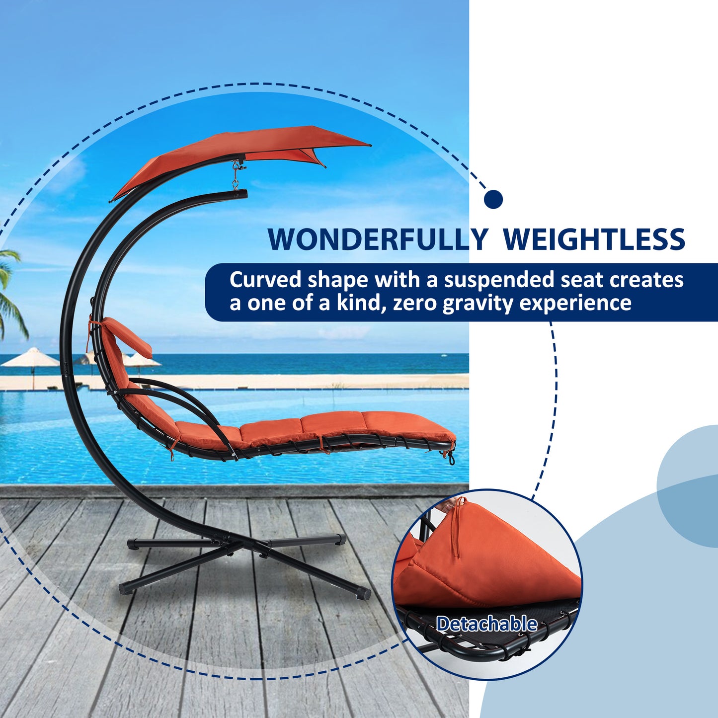 Hanging Chaise Lounger With Removable Canopy, Outdoor Swing Chair With Built-in Pillow, Hanging Curved Chaise Lounge Chair Swing For Patio Porch Poolside, Hammock Chair With Stand