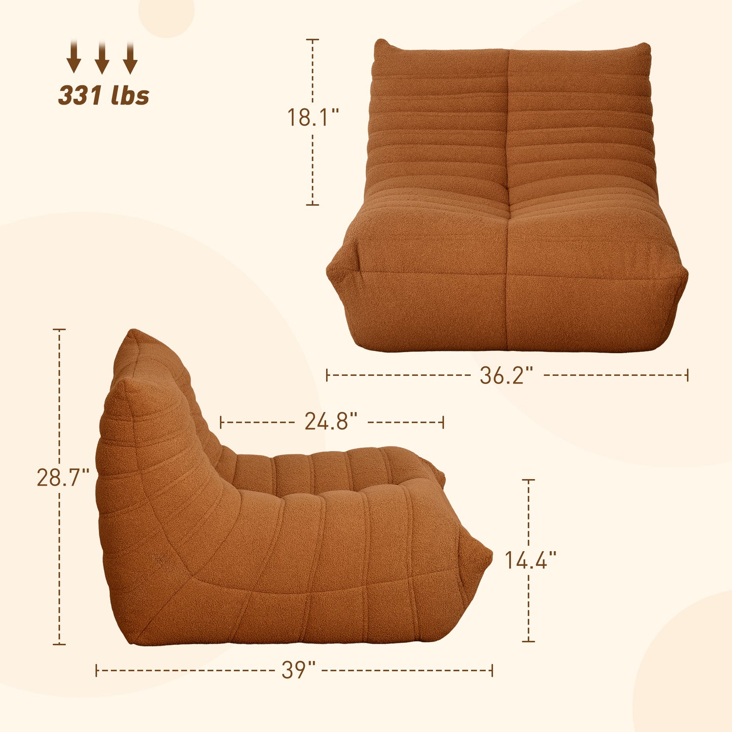Bean Bag Chair For Adults, Giant Fireside Chair, Bean Bag Sofa With High Density Foam For Living Room, Brown