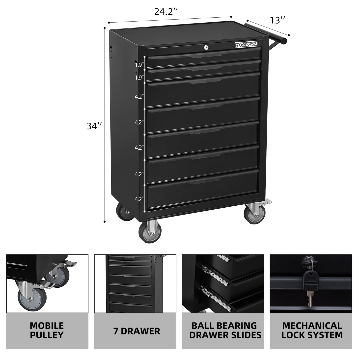 Tool Cabinet Tool Cart 24.2inch With Drawers And Wheels, Metal Rolling Tool Box Locked Drawers Storage Organizer Cabinet With Several Colour Available For Garage, Warehouse